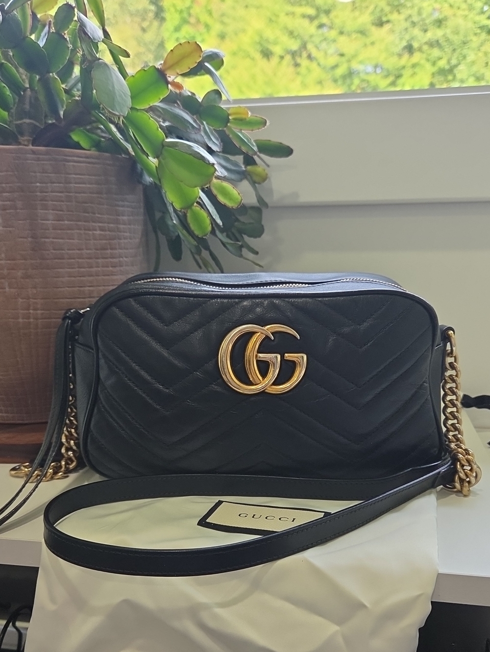 Gucci Black Quilted GG Marmont Camera Crossbody with Gold Hardware